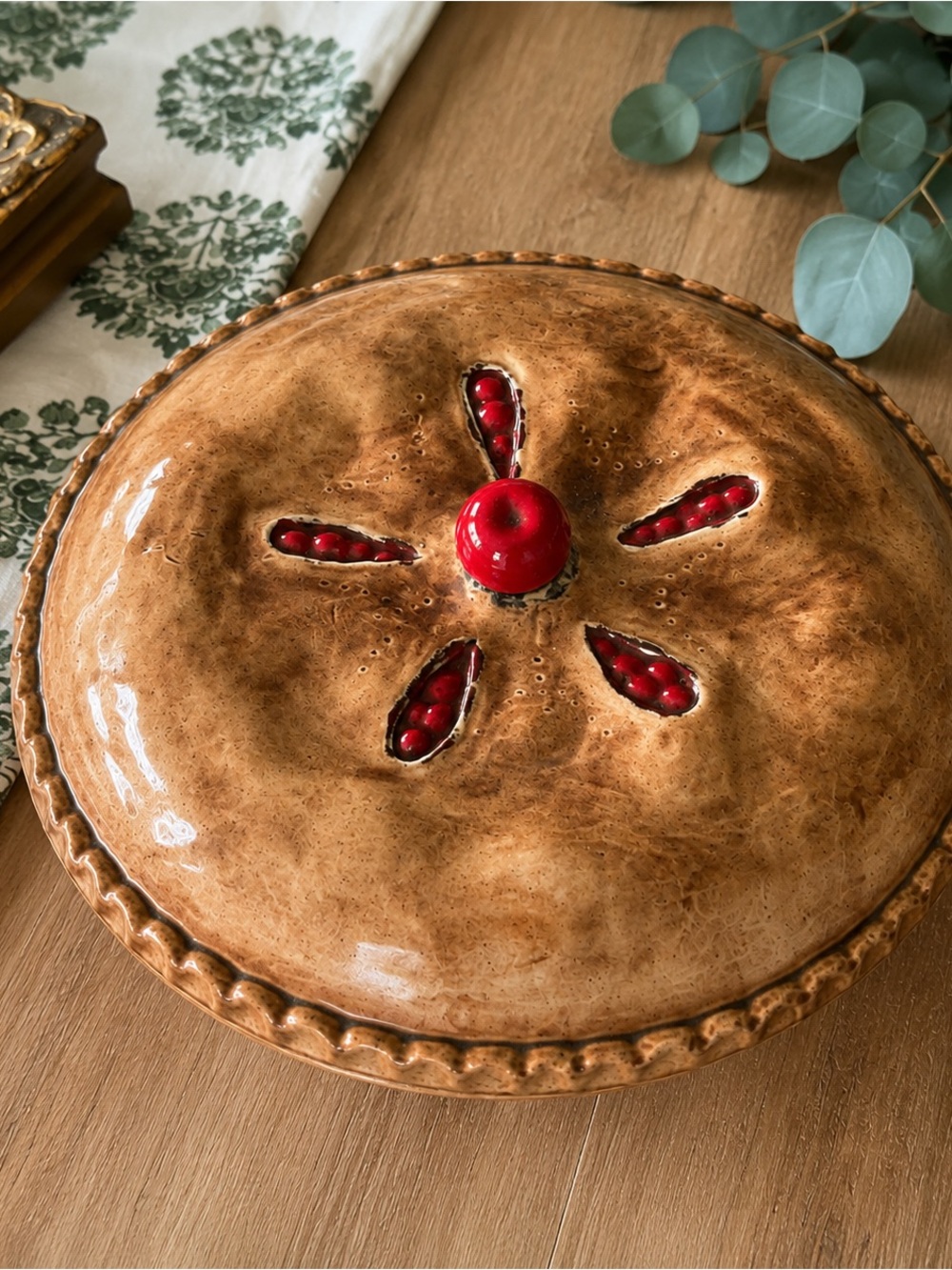Stoneware Covered Server with Red Accent Knob - Brown